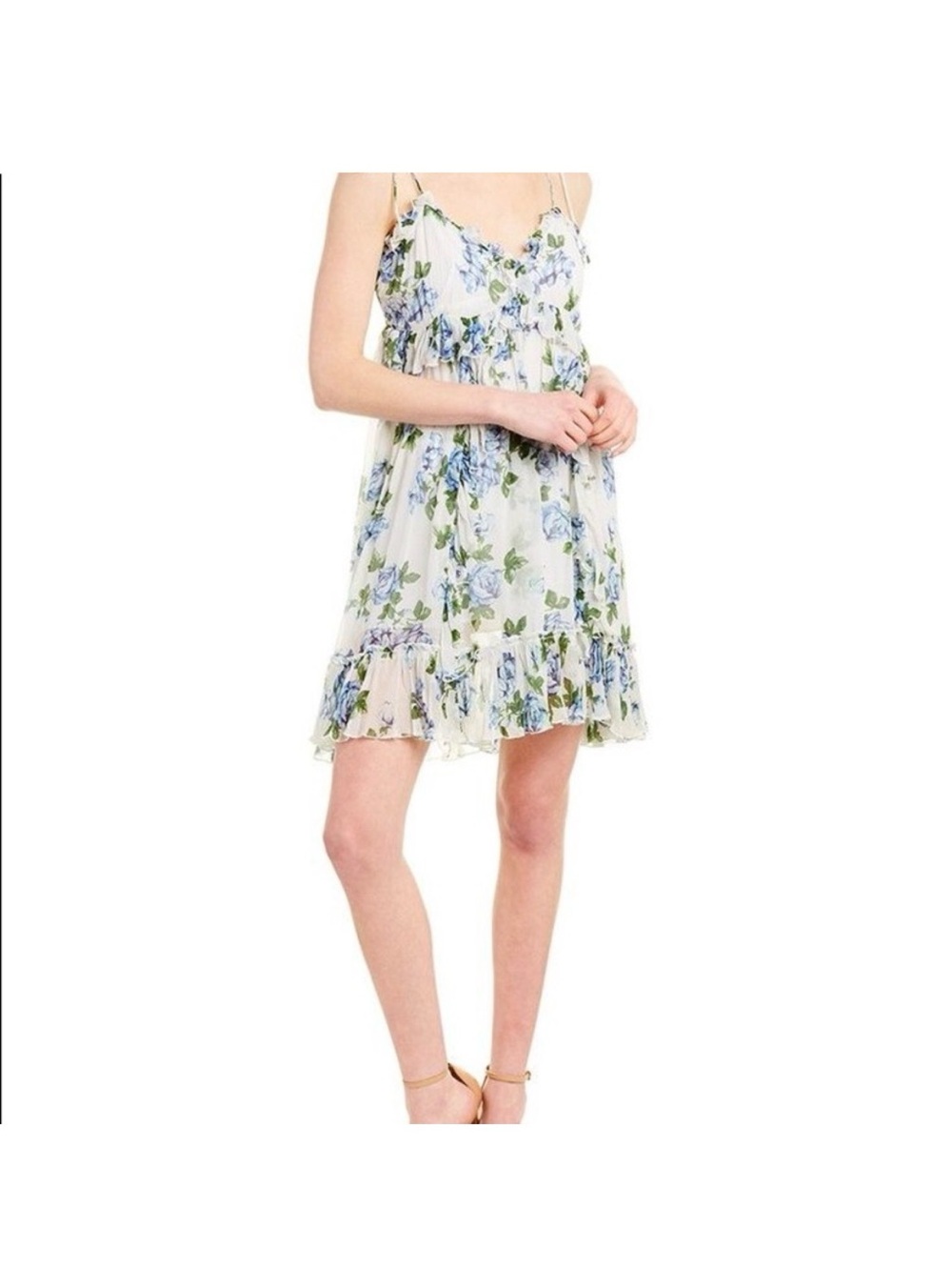 The Kooples Floral Spaghetti-Strap Summer Dress in White and Blue